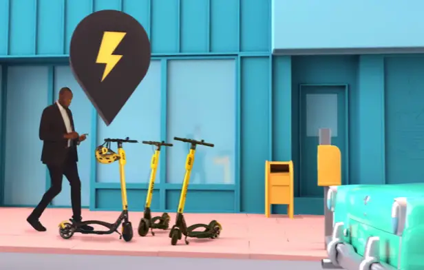 Man in tuxedo with 3 electric scooters on sidewalk